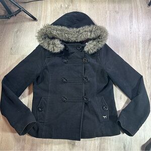 PINK Victoria’s Secret Fur Trim Pea Coat | Medium | Chic Black Winter Coat